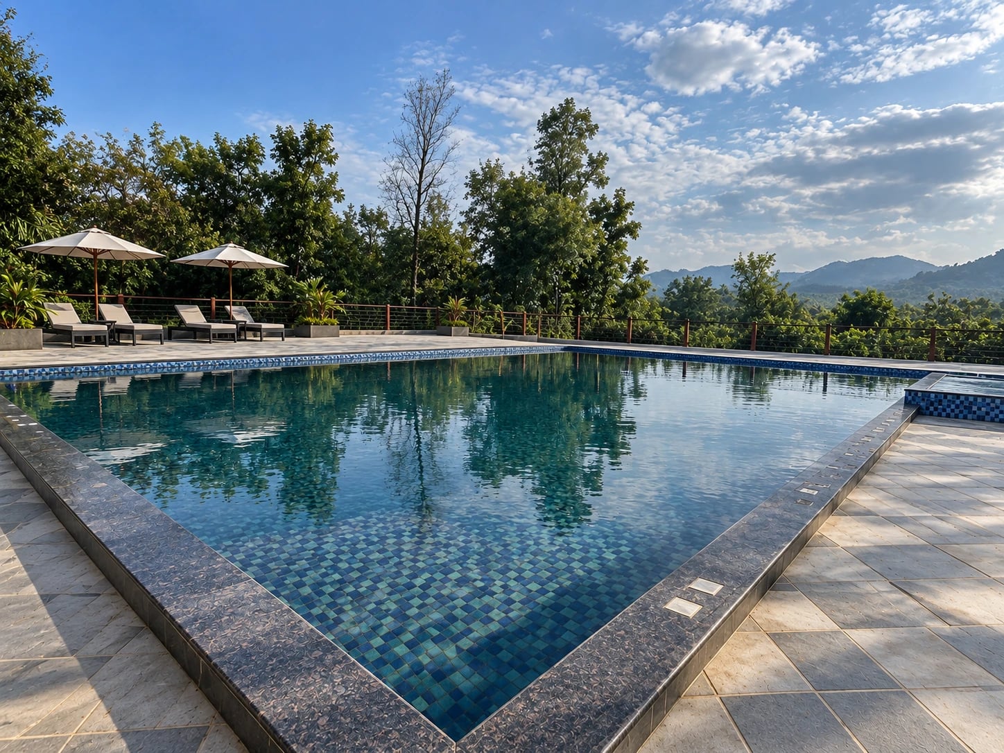 Infinity pool overlooking green hills